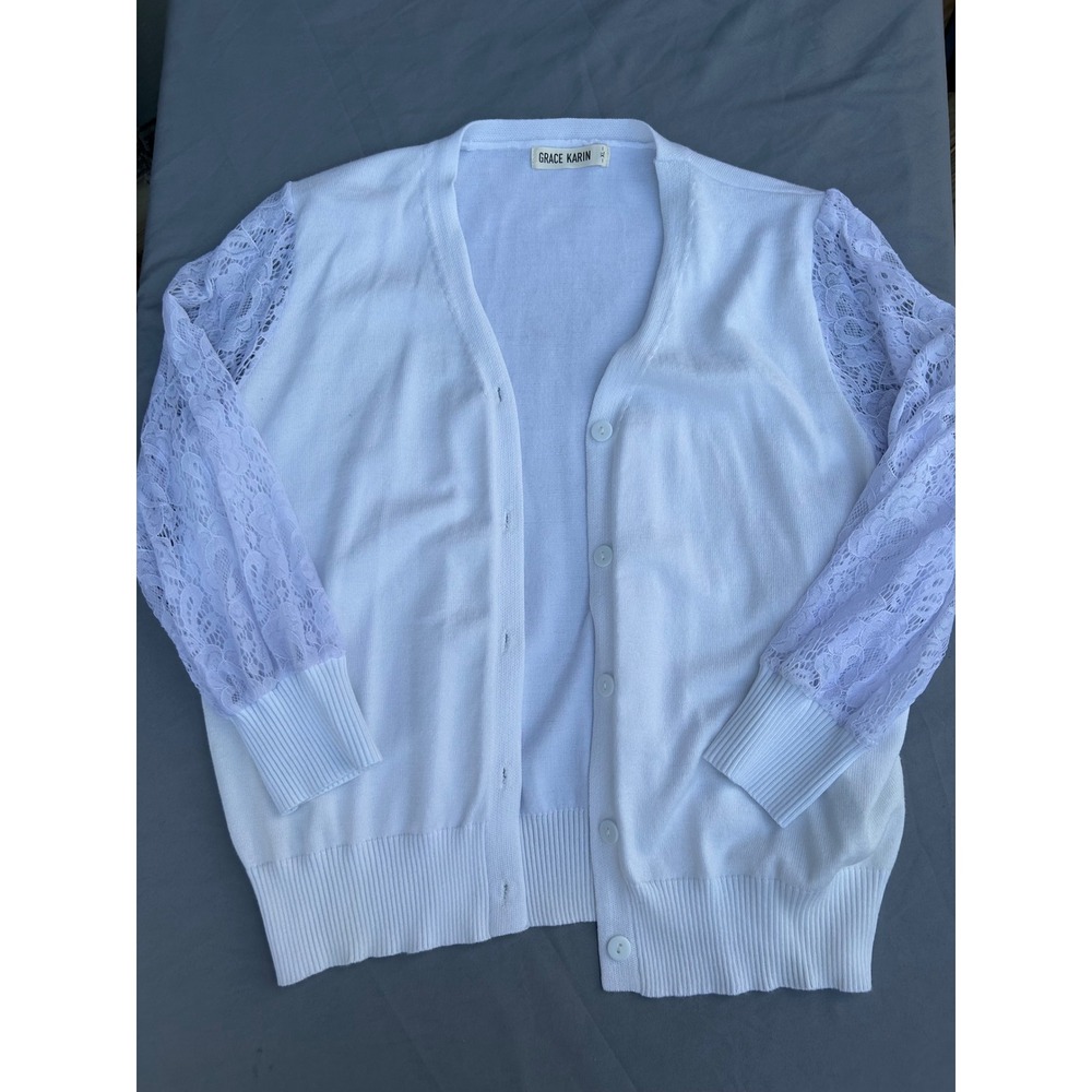 Grace Karin Lace Sleeve Cardigan Women XL White Button Front Knit Sweater